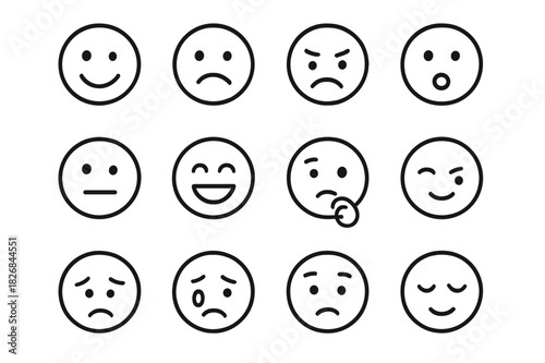 Facial Expression Icons. Facial expressions. Line icon set of facial expressions: happy face, sad face, angry face, surprised face, neutral face, laughing