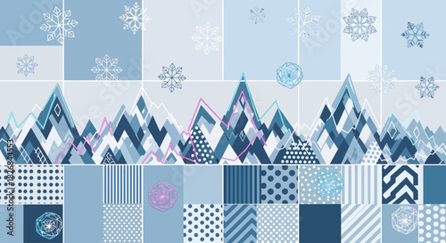 Abstract winter landscape with geometric mountains and snowflakes in a blue and white patchwork design, featuring various patterns and textures.
