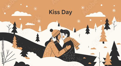 A charming flat illustration depicting a loving couple sharing a kiss in a serene, snow-covered winter landscape, celebrating Kiss Day.