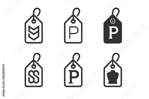 Custom Clothing Icons. Personalized fashion and custom clothing. Icon set. Set Logo of personalized fashion and custom clothing: clothing tag with personalized