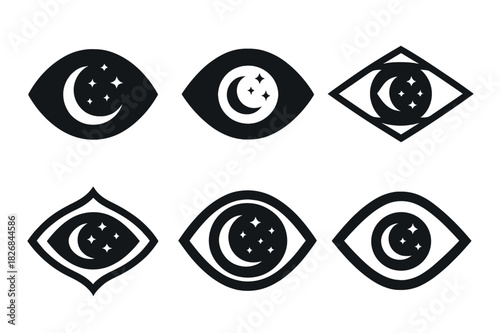 Cosmic Starry Emblems. Starry sky. Icon set. Set Logo of starry sky: cosmic eye. harmonious logo variations of the same emblematic concept, each with different