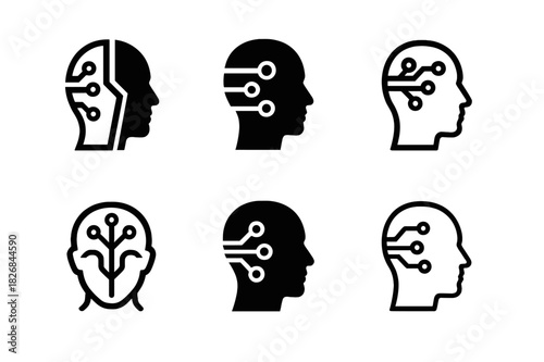 Transhumanism Tech Logos. Transhumanism and technology integration. Icon set. Set Logo of transhumanism and technology integration: Neural implant interface.