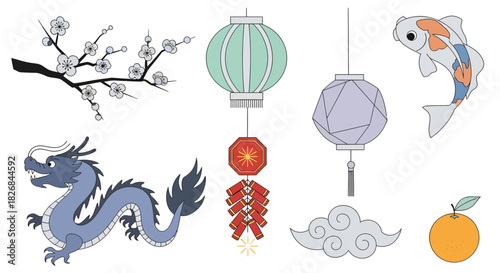 A collection of traditional Chinese cultural symbols including a dragon, koi fish, lanterns, cherry blossoms, firecrackers, a cloud, and an orange.