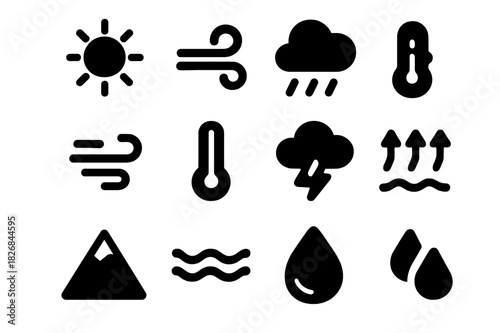 Weather Icons Grid. Climate interaction. Solid icon set of Climate interaction: sun, wind, cloud, rain, air currents, temperature, storm cloud, water vapor,