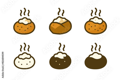 Stuffed Potato Icons. Stuffed potatoes. Icon set. Set Logo of stuffed potatoes: potato with steam lines. harmonious logo variations of the same emblematic