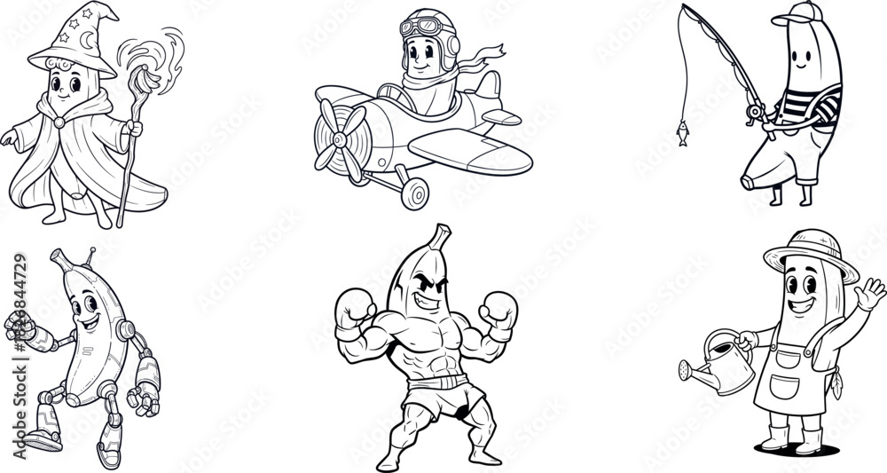 Fototapeta premium Banana Character Set – Wizard, Pilot, Fisherman, Robot, Bodybuilder, Gardener | Cute Fruit Mascot Line Art (Musa acuminata)