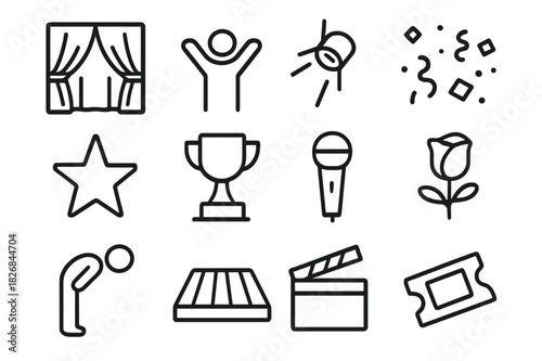 Performance Icons Set. Performance finale. Line icon set of performance finale: curtain close, standing ovation, spotlight, confetti, star, trophy, microphone,