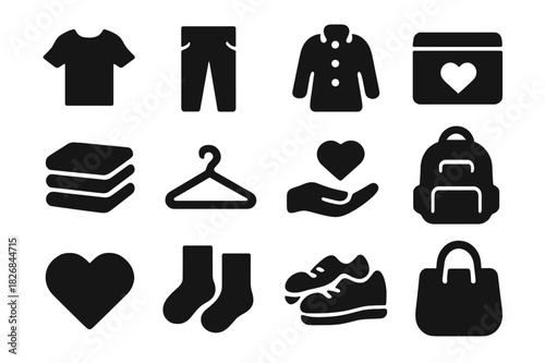 Charity Donation Icons. Charity Donation. Solid icon set of t-shirt, pants, coat, donation box, folded clothes, hanger, hand giving, backpack, heart, socks,