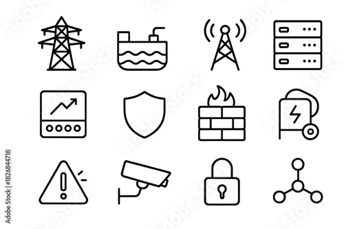 Resilient Infrastructure Icons. Resilient Infrastructure. Line icon set of Resilient Infrastructure: power grid, water plant, communication tower, server,
