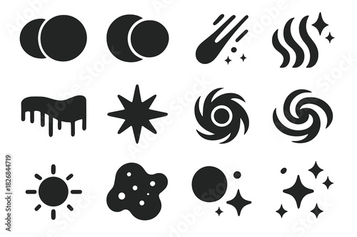 Astronomical Icon Set. Astronomical phenomena. Solid icon set of Astronomical phenomena: solar eclipse, lunar eclipse, comet, meteor shower, aurora, supernova,
