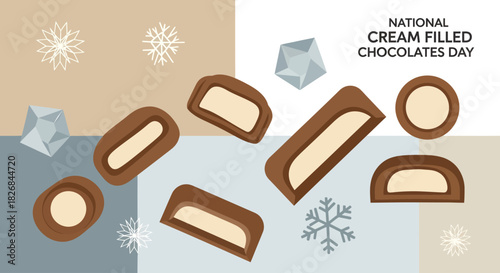 An illustration celebrating National Cream Filled Chocolates Day with various chocolate candies, snowflakes, and geometric shapes on a multi-colored background.