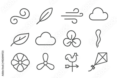 Air Symbol Icons. Air Symbols. Line icon set of Air Symbols: wind swirl, feather, gust, breeze, leaf blowing, cloud, smoke trail, fan, propeller, weather vane,