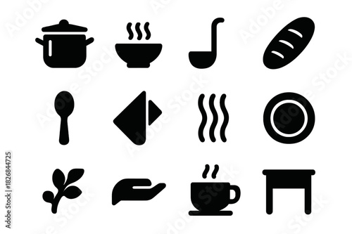 Soup Kitchen Icons. Soup Kitchen. Solid icon set of Soup Kitchen: soup pot, bowl, ladle, bread, spoon, napkin, steam, plate, herbs, hand, cup, table. Filled