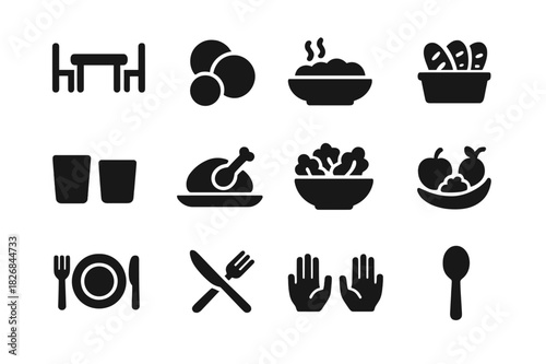 Family Meal Icons. Family meals. Solid icon set of Family meals: dinner table, multiple plates, shared bowl, bread basket, beverage cups, roast meat, salad,
