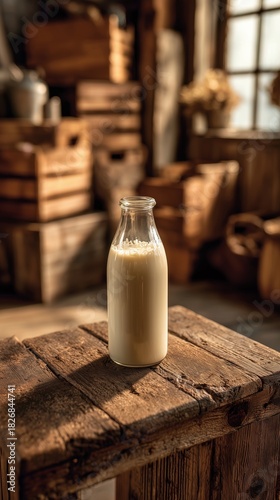 Fresh Milk in a Rustic Cafe Setting With Warm Lighting and Wooden Decor