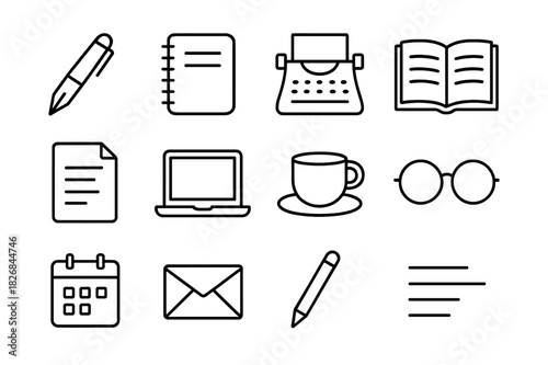 Magazine Writing Icons. Writing an article for a magazine. Line icon set of writing an article for a magazine: pen, notebook, typewriter, open book, paper