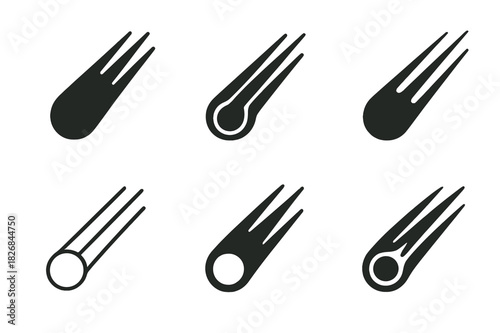 Meteor Shower Icons. Meteor shower. Icon set. Set Logo of meteor shower: Meteor trail with glowing tail. harmonious logo variations of the same emblematic