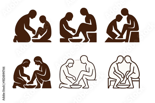 Cultural Hygiene Icons. Cultural approaches to hygiene. Icon set. Set Logo of cultural hygiene: ritual foot washing. harmonious logo variations of the same