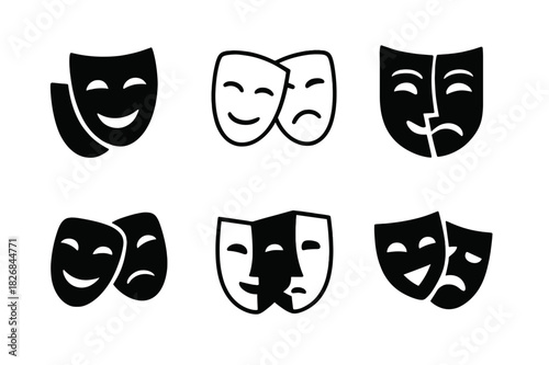 Theatrical Mask Icons. Performance art. Icon set. Set Logo of performance art: theatrical mask pair. harmonious logo variations of the same emblematic concept,