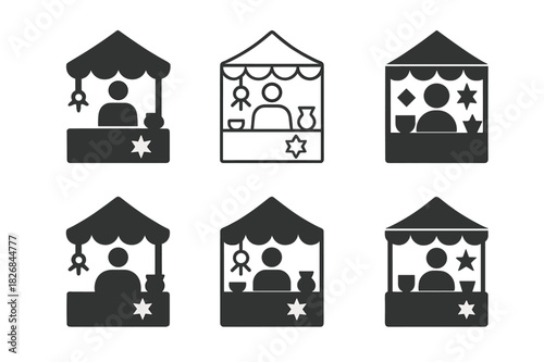 Craft Vendor Logos. Vendors selling crafts. Icon set. Set Logo of craft vendors: artisan fair tent. harmonious logo variations of the same emblematic concept,