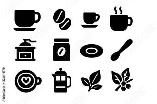 Morning Coffee Icons. Morning coffee. Solid icon set of Morning coffee: coffee cup, coffee beans, espresso shot, steaming mug, coffee grinder, coffee bag,