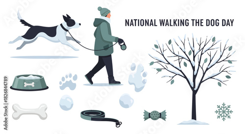 Illustration of a person walking a happy dog in a snowy park, celebrating National Walking the Dog Day with pet accessories.