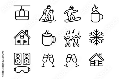 Ski Resort Icons. Ski Resort Celebration. Line icon set of Ski Resort Celebration: ski lift, skier with poles, snowboarder, mountain lodge, hot cocoa mug,
