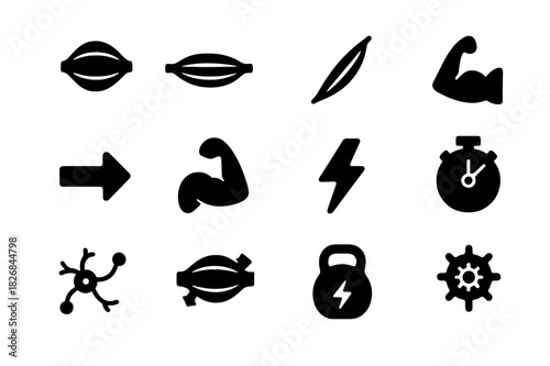 Muscle Function Icons. Muscle function. Solid icon set of Muscle function: contraction, relaxation, stretching, strength icon, movement arrow, flexed arm,