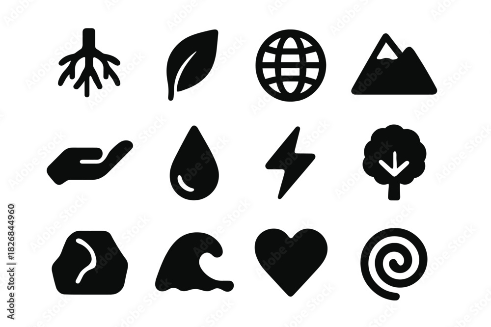 Fototapeta premium Earth Energy Icons. Earth energy. Solid icon set of earth energy: roots, leaf, globe, mountain, hand, droplet, lightning, tree, rock, wave, heart, spiral.