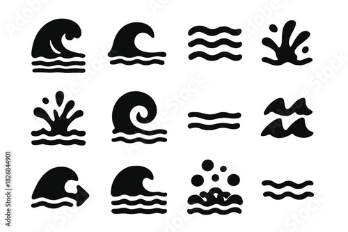 Ocean Wave Icons. Ocean waves. Solid icon set of Ocean waves: breaking wave, rolling wave, tide icon, ripple, splash, curl, calm water, rough sea, wave arrow,