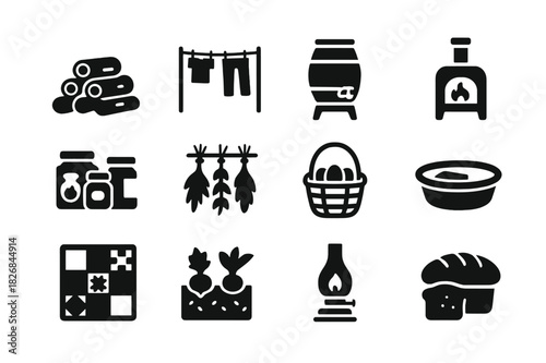 Homestead Living Icons. Homestead living. Solid icon set of Homestead living: firewood stack, clothesline, rain barrel, wood stove, canned goods, drying herbs,