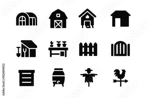 Farm Icon Set. Small farm buildings. Solid icon set of Small farm buildings: greenhouse, small barn, chicken coop, shed, tool storage, potting bench, fence,