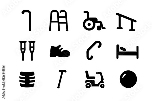 Elderly Care Icons. Elderly care. Solid icon set of Elderly care: walking cane, walker, wheelchair, handrail, crutches, orthopedic shoe, grab bar, hospital