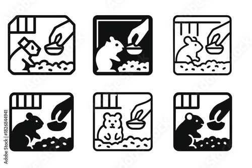 Hamster Care Icons. Feeding a hamster in its cage. Icon set. Set Logo of hamster care: food dish and bedding detail. harmonious logo variations of the same
