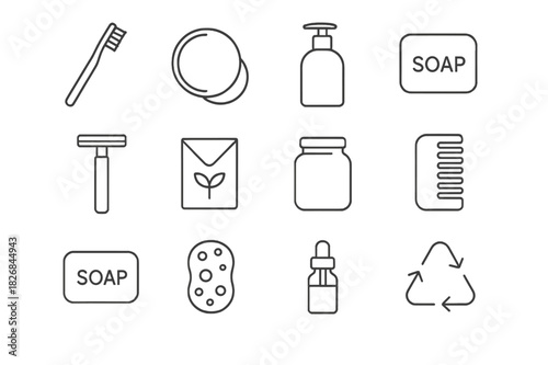 Sustainable Beauty Icons. Sustainable beauty swaps. Line icon set of sustainable beauty swaps: bamboo toothbrush, reusable cotton pad, refillable bottle,