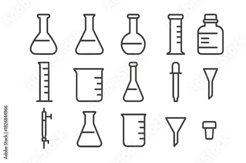 Laboratory Flask Icons. Measuring flask. Line icon set of measuring flask: volumetric flask, conical flask, round-bottom flask, Erlenmeyer flask, reagent