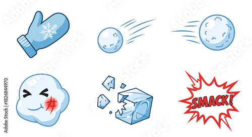 A collection of winter-themed illustrations including a mitten, snowballs in motion, a cartoon face with an impact mark, a broken ice cube, and a 'SMACK!' sound effect.