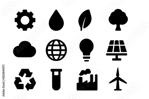 Environmental Icons Set. Environmental engineering. Solid icon set of environmental engineering: gear, water droplet, leaf, tree, cloud, globe, light bulb,