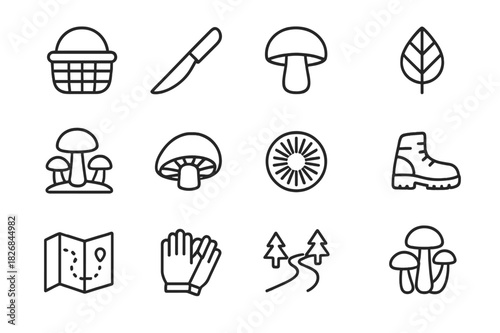 Mushroom Foraging Icons. Mushroom Foraging. Line icon set of Mushroom Foraging: basket, knife, mushroom, forest leaf, mushroom patch, mushroom cap, spore