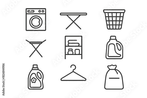 Laundry Icon Set. Folding Laundry. Line icon set of Folding Laundry: t-shirt, pants, socks, towel, laundry basket, hanger, ironing board, folded stack, washing