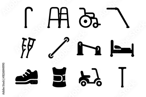Accessible Aids Icons. Accessible aids. Solid icon set of Accessible aids: walking cane, walker, wheelchair, crutches, handrail, grab bar, orthopedic shoe,