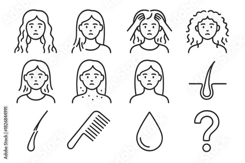 Hair Troubles Icon Set. Hair problems. Line icon set of hair problems: tangled hair, split ends, hair loss, frizz, dry scalp, dandruff, oily hair, weak roots,