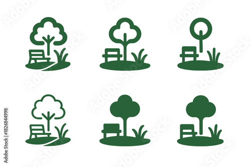 Park Logo Variations. Park. Icon set. Set Logo of park: relaxation and greenery emblem. harmonious logo variations of the same emblematic concept, each with