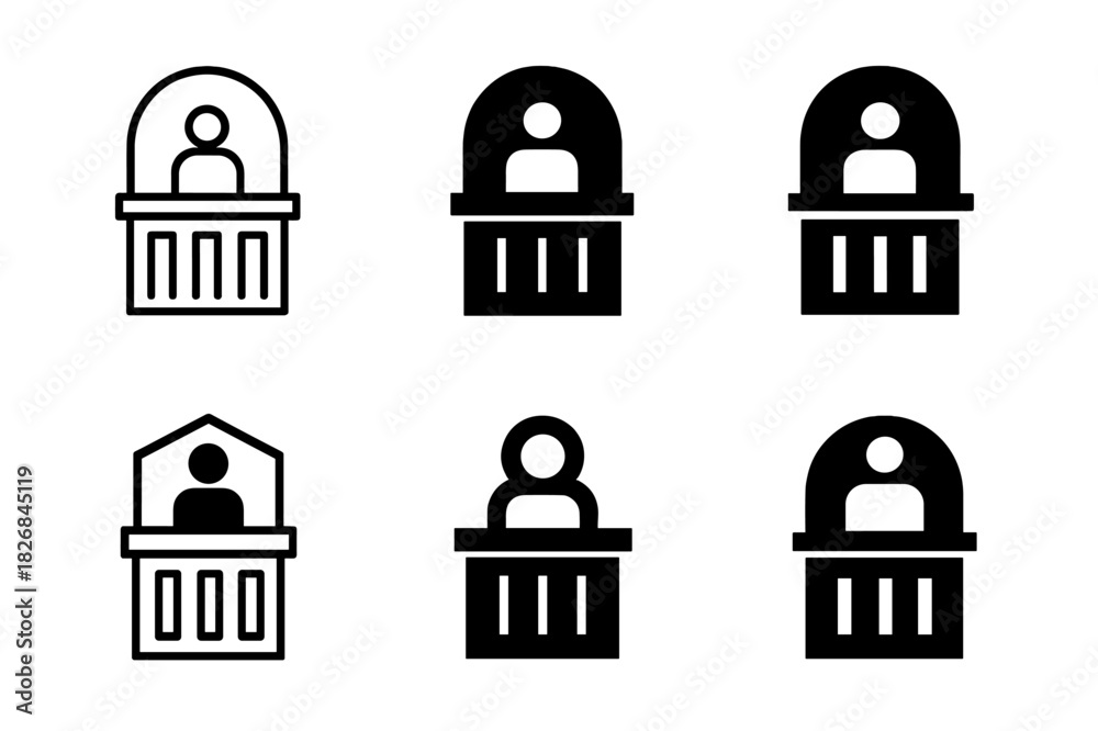 Fototapeta premium Courtroom Logos Grid. Courtroom scene with defendant. Icon set. Set Logo of courtroom: defendant standing at bench. harmonious logo variations of the same