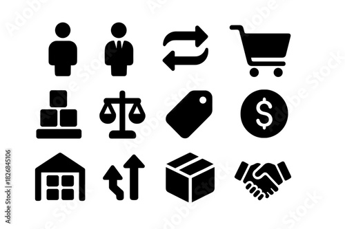 Market Dynamics Icons. Market dynamics. Solid icon set of Market dynamics: buyer figure, seller figure, exchange arrows, shopping cart, goods, scale, price
