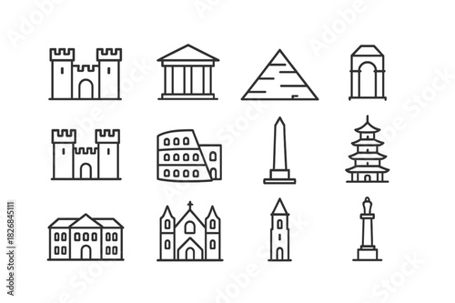 Historic Icon Set. Historic Architecture. Line icon set of Historic Architecture: castle, temple, pyramid, archway, fortress, amphitheater, obelisk, pagoda,
