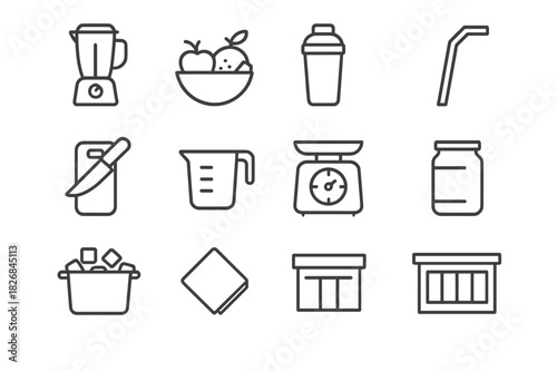 Smoothie Bar Essentials. Smoothie bar essentials. Line icon set of smoothie bar essentials: blender, fruit bowl, shaker bottle, straw, cutting board, knife,