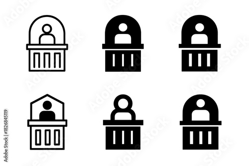 Courtroom Logos Grid. Courtroom scene with defendant. Icon set. Set Logo of courtroom: defendant standing at bench. harmonious logo variations of the same