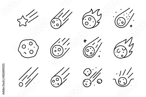 Meteor Icon Set. Meteor. Line icon set of meteor: shooting star, meteor trail, fireball, glowing meteor, space rock, atmospheric entry, night sky meteor,