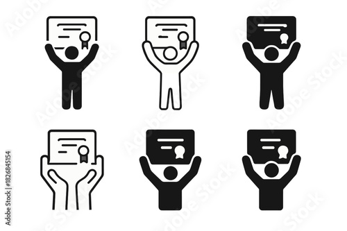 Certificate Holder Icons. Person standing proudly holding a certificate. Icon set. Set Logo of Person standing proudly holding a certificate: Hands holding